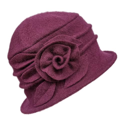 Women Cloche Bucket Hat 1920s Vintage Dress Winter Hats - color: Flower Wine Red