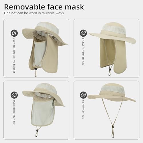 Fishing Hat, UPF 50+ Sun Cap with Detachable Mask - color: Khaki