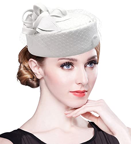 Z&X British Vintage Wool Felt Pillbox Hat Ladies Church Derby Winter Fascinator Hat Veil Flower Fedoras - color: A- Ivory White