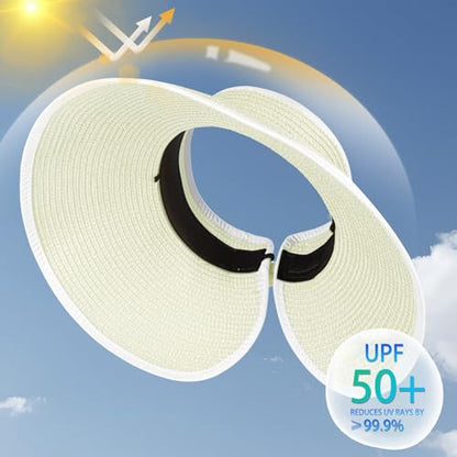 Women's Sun Visor Hats Wide Brim Straw Beach Hat Ponytail Hats for Women Foldable Floppy - color: 1pack-kd-white.