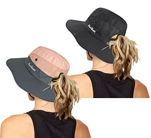 Women's Outdoor-UV-Protection-Foldable-Sun-Hats-Wide-Brim Hat Ponytail-Hole - color: Pink+black