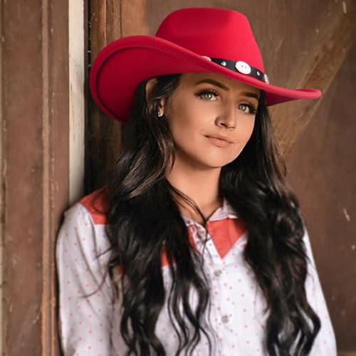 DRESHOW Women Men Classic Felt Wide Brim Western Cowboy & Cowgirl Cap Belt Buckle Retro Panama Hat Unisex Rolled up Caps - color: 1 Pack: Red (Hat Circumference: 22-22.8")