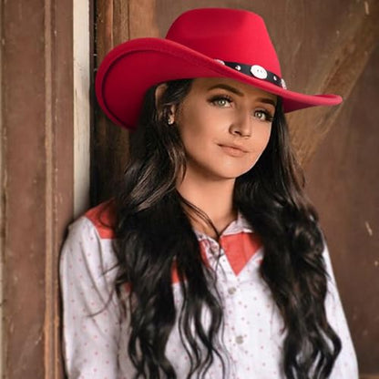 DRESHOW Women Men Classic Felt Wide Brim Western Cowboy & Cowgirl Cap Belt Buckle Retro Panama Hat Unisex Rolled up Caps - color: 1 Pack: Red (Hat Circumference: 22-22.8")