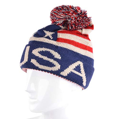 USA Winter Hat - Knit, Cuffed Beanie with Pom Pom, USA Flag Design, Warm Fun for Cold Days - size: Large-X-Large