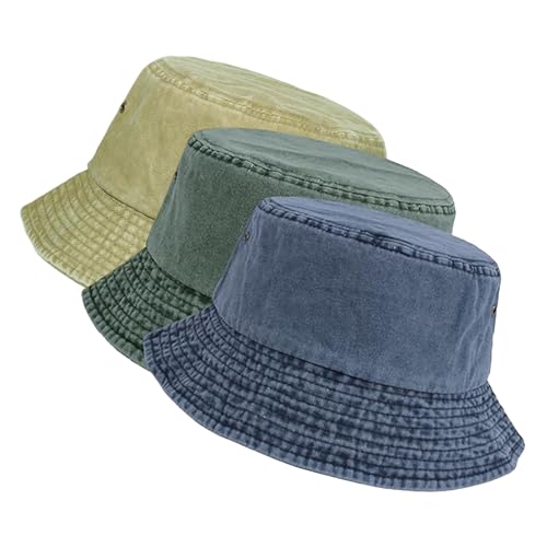 Washed Cotton Bucket Hats Packable Summer Beach Cap for Men Women - color: Ce-bh-khaki-green-navy