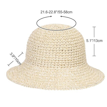 Womens Sun Hat Handmade Crochet Straw Bucket for Summer Foldable Travel Cap - color: Beige & Khaki
