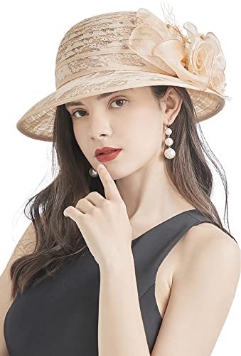 Organza Fascinator Hat - Women’s Wide Brim Church Bridal Tea Party Wedding Hat - color: 03-khaki
