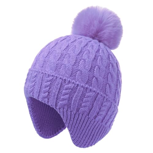 MEJORMEN Toddler Baby Winter Hat with Earflap Kids Warm Twisted Knit Beanie with Pom Pom Kids Ski Hat for Infant Girls Boys - color: Purple, size: 6-24 Months