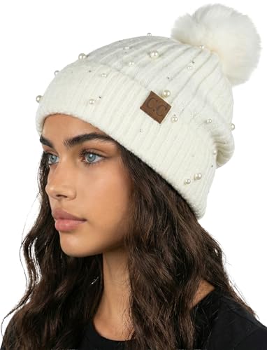 Funky Junque Women’s Pom Pom Beanie – Soft Knit Winter Hats for Women & Teens, Warm Fashionable Beanie with Faux Fur Poms - color: Ivory - Pearl Embellishment