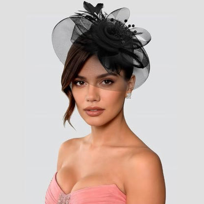 Womens Fascinators Mesh Hats Tea Party Hats for Women Feather Veil Headband - color: Black