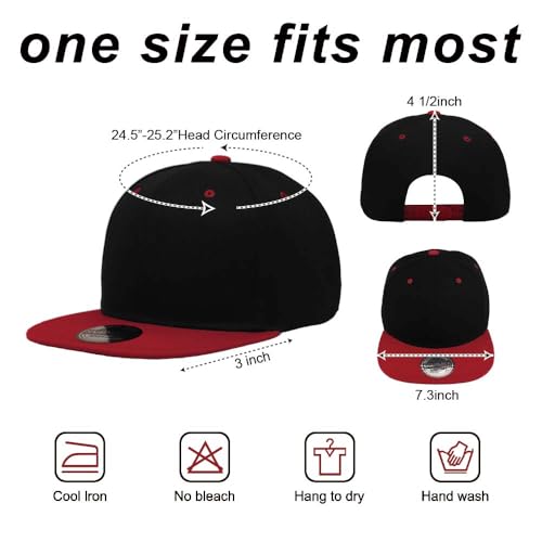 ZH Plain Flat Brim Snapback Baseball Caps Adjustable Blank Baseball Caps Wholesale 12 Pack - color: Black-red