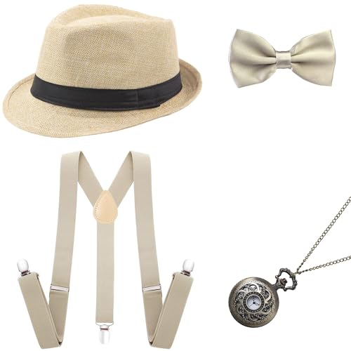 BABEYOND 1920s Mens Gatsby Gangster Accessories Set Panama Hat Suspender Bow Tie - color: Beige Set