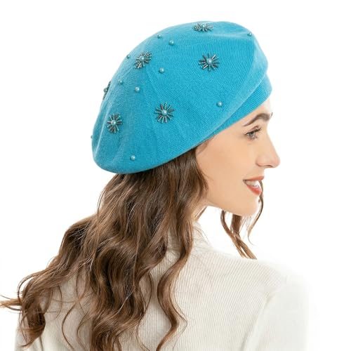 ZLYC Women French Beret Hat Reversible Knit Thickened Warm Artist Cap - color: Plain Blue