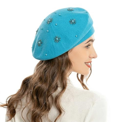 ZLYC Women French Beret Hat Reversible Knit Thickened Warm Artist Cap - color: Plain Blue
