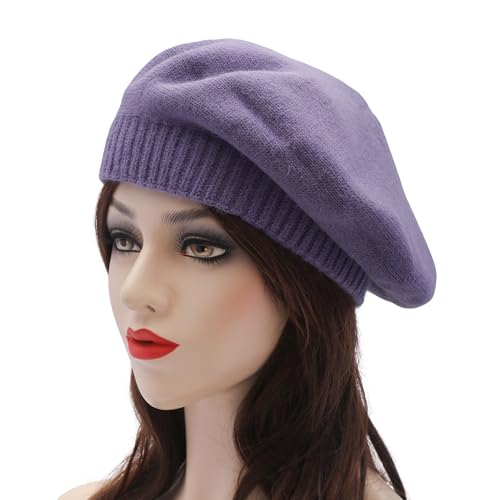 ZLYC Women French Beret Hat Reversible Solid Color Knit Warm Artist Cap - color: Cable Pattern Purple