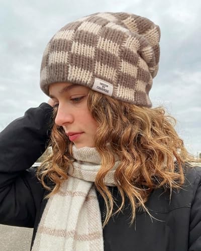 CLAPE Womens Cute Slouchy Beanies Hats, Winter Warm Chunky Checkered Beanie Large Cuff Knitted Hat Ski Cap for Cold Weather - color: Kh56-cream Color