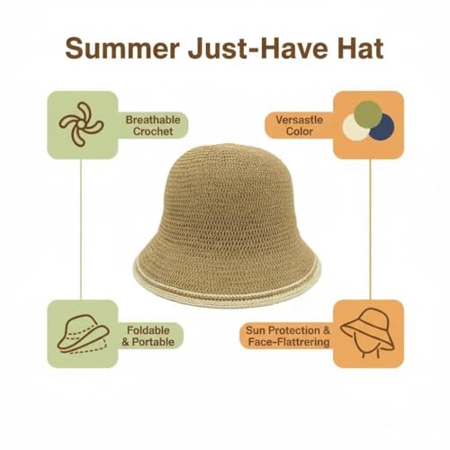 Women’s Two-Toned Sun Hat Straw Bucket Hat UPF 50+ Sun Protection Packable Adjustable Summer Holiday Beach Hat - color: Khaki