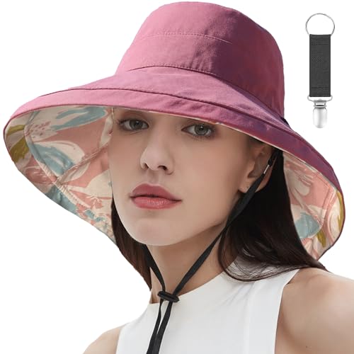 vidsel Womens Sun Hats Wide Brim Reversible Bucket Cotton Hat with Hat Clip - color: Wine Red2, size: Medium