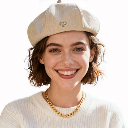 Women's Chenille Beret - Soft & Warm French Hat with Metal Heart Accent for Fall/Winter. - color: Beige