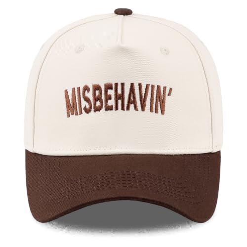 Funny Embroidered Trucker Hat, Vintage Two-Tone Cotton Baseball Cap for Men Women, Adjustable Dad Hat Gift Idea - color: Misbehavin', Brown/Beige