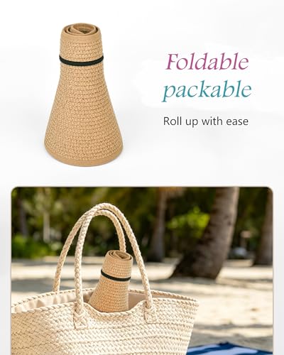 3 Pack Women's Straw Sun Visor Hat,Outdoor Wide Brim UV Protection Foldable,Adjustable Packable Ponytail Summer Sun Hat - color: 3 Pack Khaki