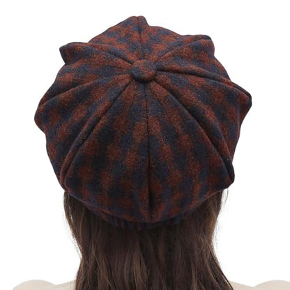 ZLYC Women Classic Newsboy Cap Visor 8 Panel Gatsby Cabbie Paperboy Hat - color: Gingham Burgundy and Navy