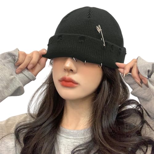 AIBEARTY Swag Short Fisherman Beanie for Men Women Rolled Cuff Beanie Skull Caps Wool Knit Winter Ski Hat with O Rings - color: Dark Green With Pin