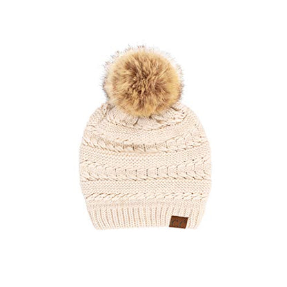 C.C Hatsandscarf Exclusives Unisex Solid Ribbed Beanie with Pom (HAT-43) - color: A Beige-tilted Stitch