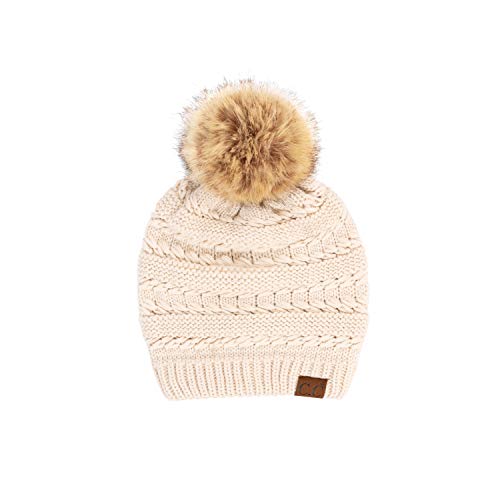 C.C Hatsandscarf Exclusives Unisex Solid Ribbed Beanie with Pom (HAT-43) - color: A Beige-tilted Stitch