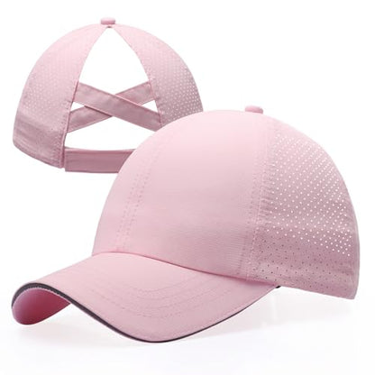 Girls Criss Cross Ponytail Hat Mesh Baseball Cap Kids Quick Dry Ponycap Hats Outdoor Summer Sports Hat Age 7-12 - color: Pink