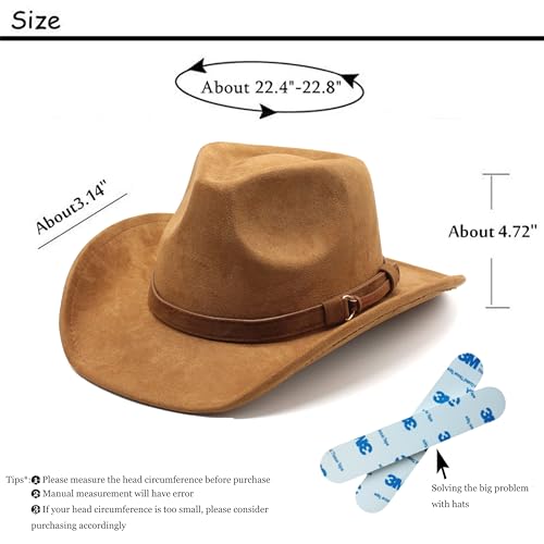 Unisex Western Suede Cowboy Cowgirl Hat Classic Wide Brim Fedora Hat for Men &Women - color: Khaki