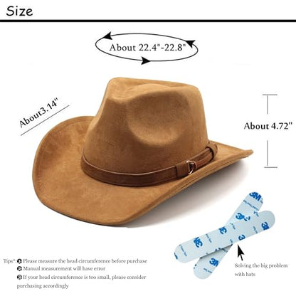Unisex Western Suede Cowboy Cowgirl Hat Classic Wide Brim Fedora Hat for Men &Women - color: Khaki