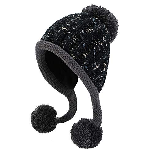 HUAMULAN Women Winter Sherpa Knit Beanie Hat Fleece Lined Ear Flaps - color: Black
