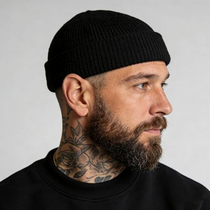 Wool Fisherman Beanies for Men Knit Fall Winter Beanie Hat Skull Cap - color: Black