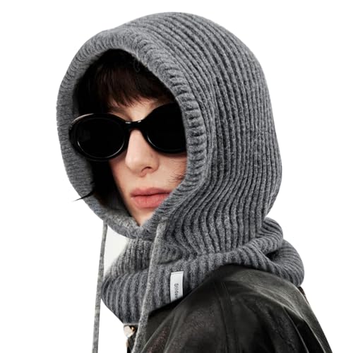Stilldawn Hooded Scarf Beanie for Women&Men,Balaclava Winter Hat,Knit Skull Cap Neck Gaiter,Warm Premium Polyester Scarf Hat - color: Dark Grey