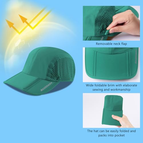 BASSDASH UPF 50+ Fishing Hat, Baseball Cap with Removable Neck Flap - color: Aqua Green With Foldable Brim
