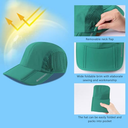 BASSDASH UPF 50+ Fishing Hat, Baseball Cap with Removable Neck Flap - color: Aqua Green With Foldable Brim
