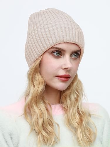 ROYBENS Womens Satin Lined Beanie for Men Wool Knit Cuffed Warm Winter Hats - color: 2pcs (Beige+black)