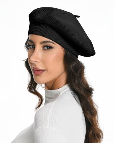 Cotton Knitted Women Beret Hat, French Style Solid Color Beret, Winter Autumn Warm and Soft Beanie Hat - color: Black