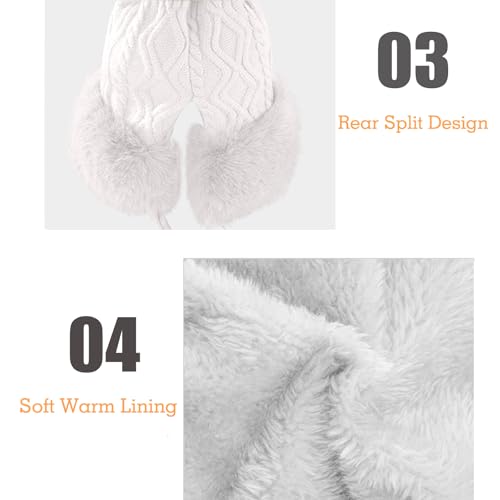 Womens Faux Fur Hat with Fluffy Pompom for Winter Fuzzy Knitted Beanies Skull Cap Warm Earflaps Cold Weather Cute - color: White
