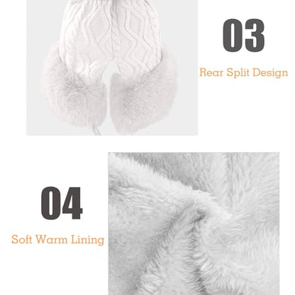 Womens Faux Fur Hat with Fluffy Pompom for Winter Fuzzy Knitted Beanies Skull Cap Warm Earflaps Cold Weather Cute - color: White