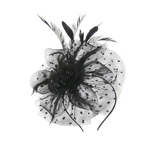 Fascinator Headband - Vintage Tea Party Hat with Feathers & Mesh for Women Derby Hats Wedding Flower Feathers Hair Clip - color: Black