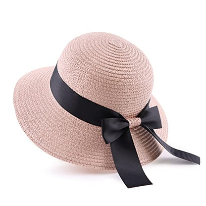 Zsedrut Women,Little Girls Straw Sun Hat Summer Beach Cap Foldable Visor Floppy Hats Wide Brim with Bowknot - color: Pink, size: 2-4T