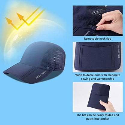 BASSDASH UPF 50+ Fishing Hat, Baseball Cap with Removable Neck Flap - color: Dark Blue With Foldable Brim