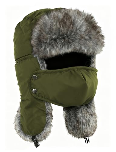 Buauty Fur Trapper Hat for Men Women Winter Windproof Soft Russian Ushanka Hats with Warm Ear Flaps & Removable Mask - color: Army Green