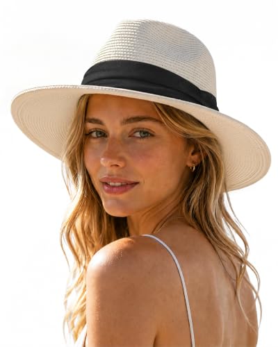 Straw Fedora Panama Hat for Men Women, UPF 50+ Wide Brim Sun Hat, Lightweight Packable Summer Beach Hat - color: Ivory, size: Medium