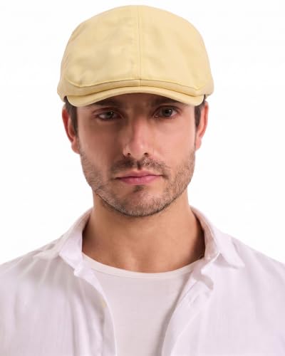 ZLYC Men Summer Flat Cap Scally Ivy Gatsby Newsboy Beret Driver Hat - color: Solid Pale Yellow