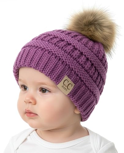 Funky Junque Baby Pom Pom Beanie – Soft Knit Infant Winter Hat for Baby Girls & Boys, Cozy Warm Newborn Beanie 0–12 Months - color: Lavender - Faux Fur Pom
