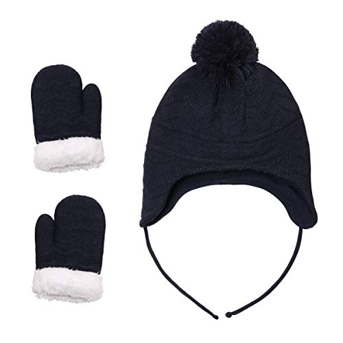 jerague Hats and Gloves Set for Kids Toddler Baby Girls Boys Warm Earflap Beanie Fleece Hats Mittens - color: Navy Blue, size: 3-6 Years