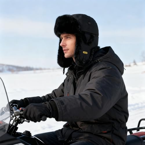Trapper Hat for Men Women Faux Fur Aviator Russian Ushanka Hat Winter Hunting Hats with Ear Flaps Fur Tropper Bomber Ski Hats - color: Black-blacktatu, size: Small-Medium